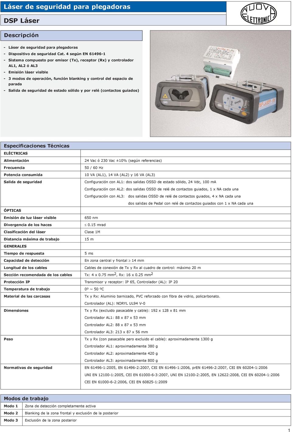 seguridad de estado sólido y por relé (contactos guiados) Especificaciones Técnicas ELÉCTRICAS Frecuencia Potencia consumida Salida de seguridad 4 Vac ó 0 Vac ±0% (según referencias) 50 / 60 Hz 0 VA