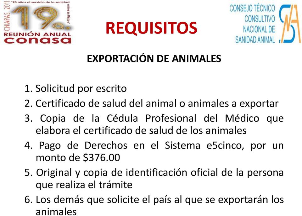Copia de la Cédula Profesional del Médico que elabora el certificado de salud de los animales 4.