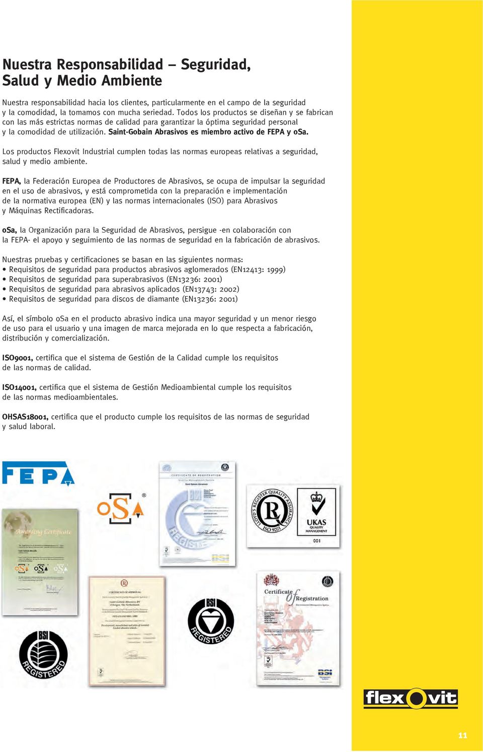 Saint-Gobain Abrasivos es miembro activo de FEPA y osa. Los productos Flexovit Industrial cumplen todas las normas europeas relativas a seguridad, salud y medio ambiente.