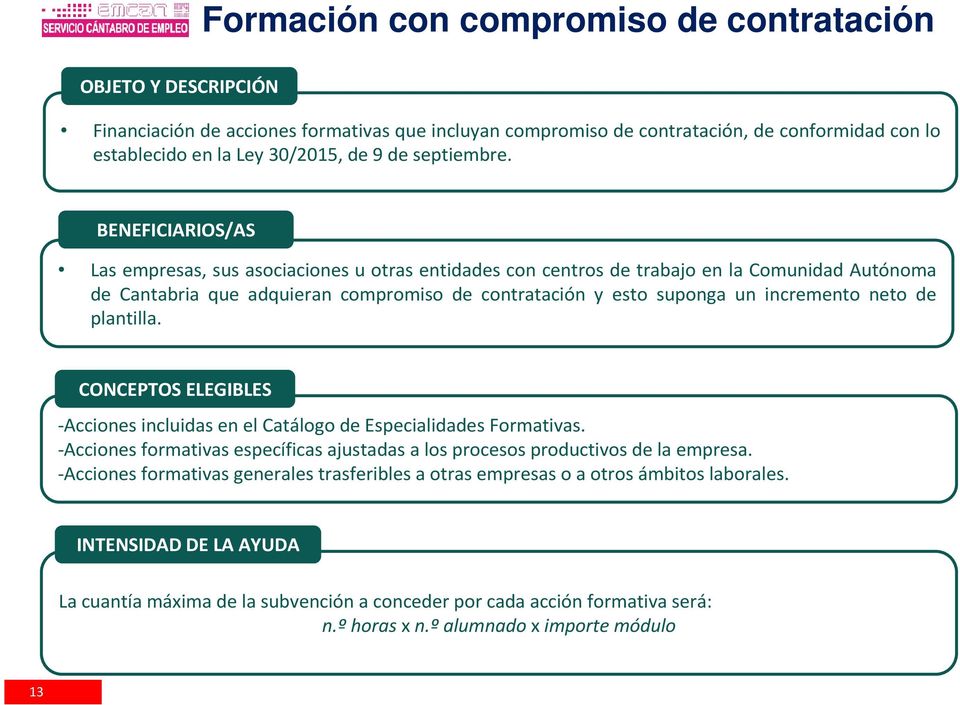 BENEFICIARIOS/AS Las empresas, sus asociaciones u otras entidades con centros de trabajo en la Comunidad Autónoma de Cantabria que adquieran compromiso de contratación y esto suponga un incremento