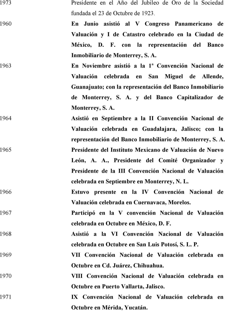 1963 En Noviembre asistió a la 1ª Convención Nacional de Valuación celebrada en San Miguel de Allende, Guanajuato; con la representación del Banco Inmobiliario de Monterrey, S. A. y del Banco Capitalizador de Monterrey, S.