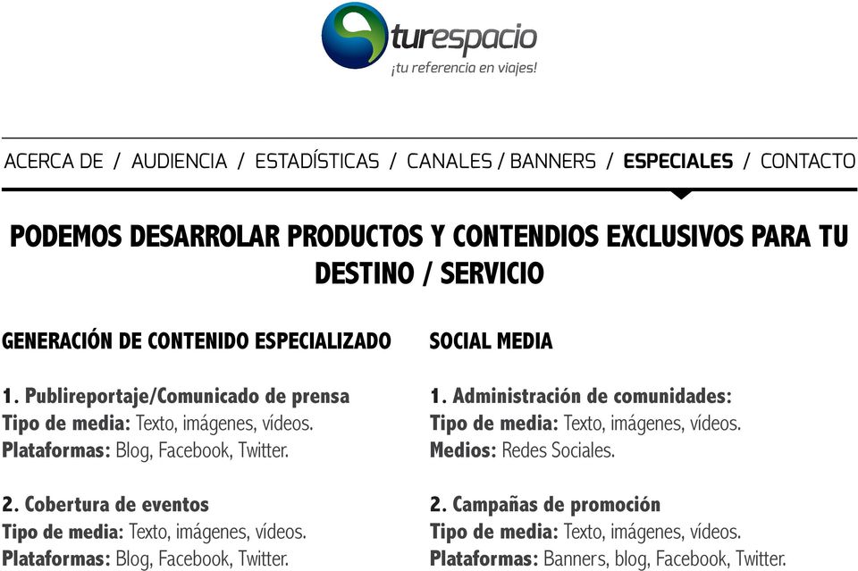 Cobertura de eventos Tipo de media: Texto, imágenes, vídeos. Plataformas: Blog, Facebook, Twitter. SOCIAL MEDIA 1.
