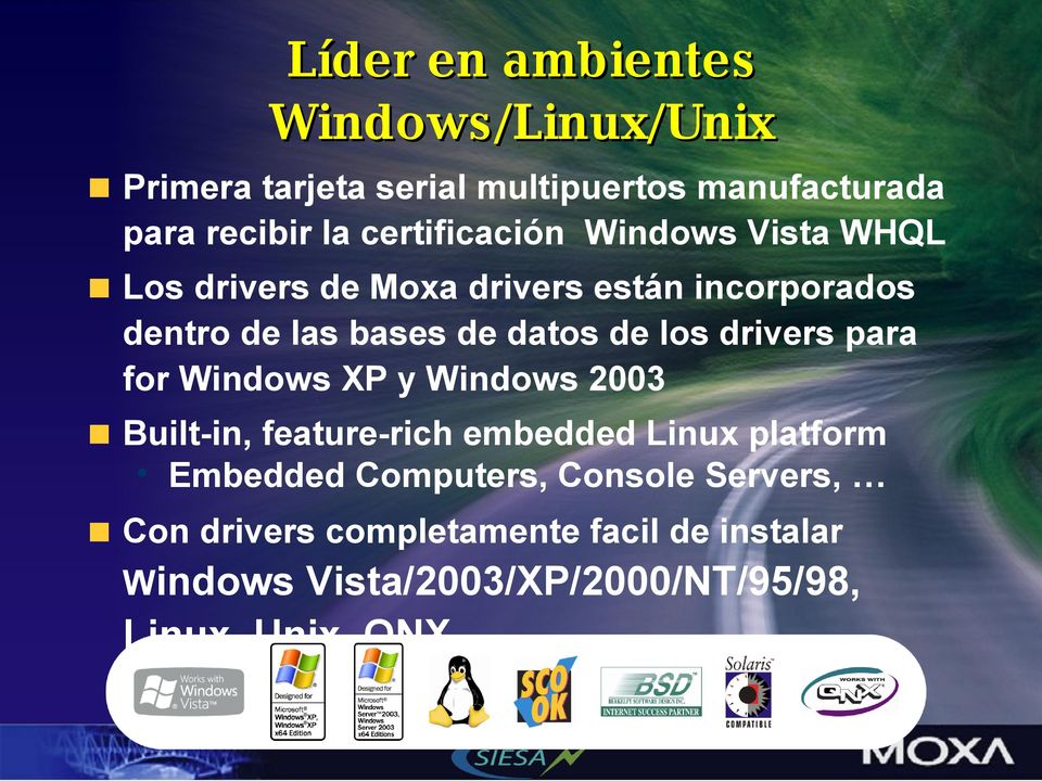 los drivers para for Windows XP y Windows 2003 Built-in, feature-rich embedded Linux platform Embedded
