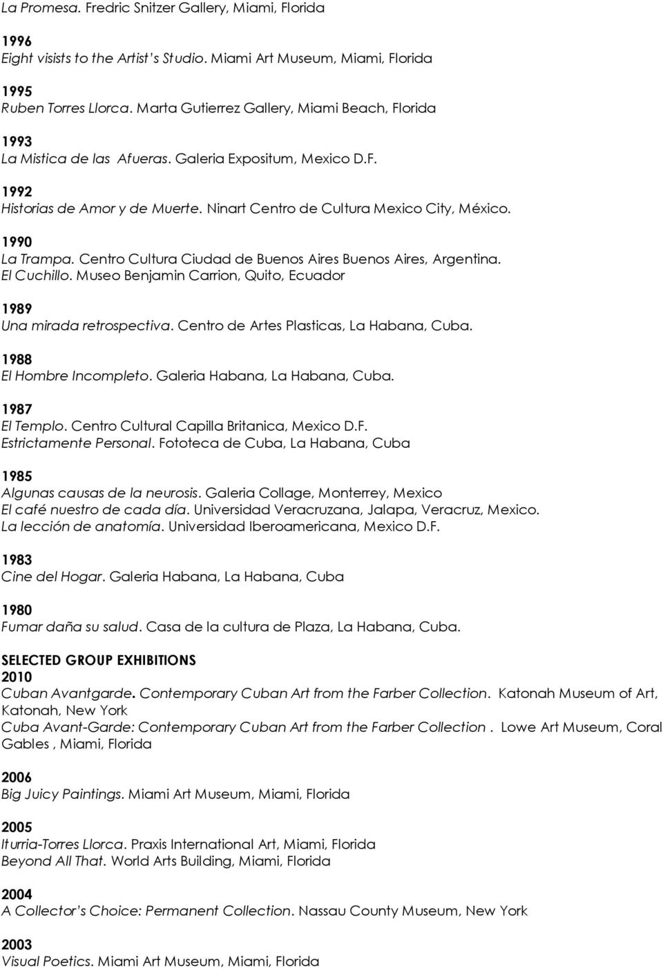 La Trampa. Centro Cultura Ciudad de Buenos Aires Buenos Aires, Argentina. El Cuchillo. Museo Benjamin Carrion, Quito, Ecuador 1989 Una mirada retrospectiva. Centro de Artes Plasticas, La Habana, Cuba.