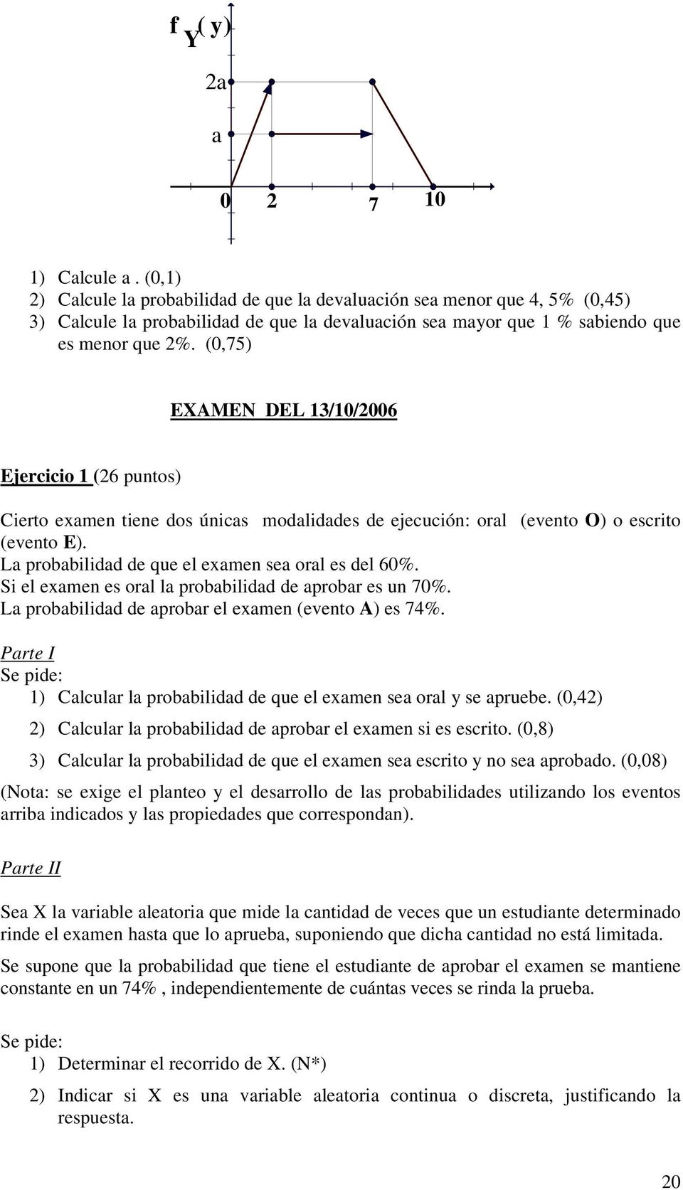 (0,75) EXAMEN DEL 13/10/2006 Ejercicio 1 (26 puntos) Cierto examen tiene dos únicas modalidades de ejecución: oral (evento O) o escrito (evento E).