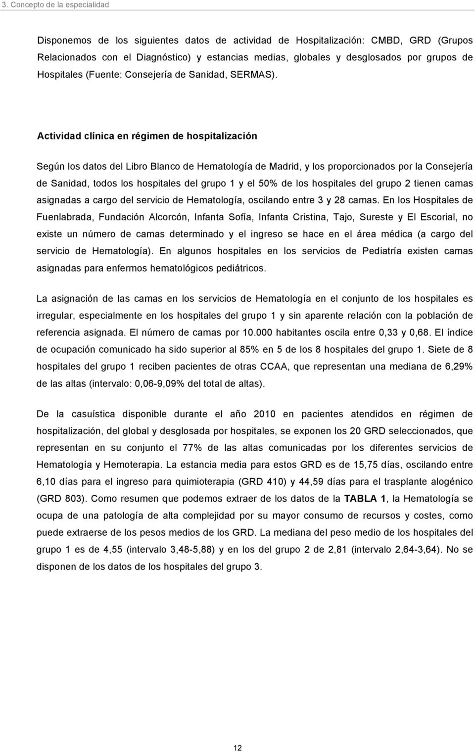Actividad clínica en régimen de hospitalización Según los datos del Libro Blanco de Hematología de Madrid, y los proporcionados por la Consejería de Sanidad, todos los hospitales del grupo 1 y el 50%