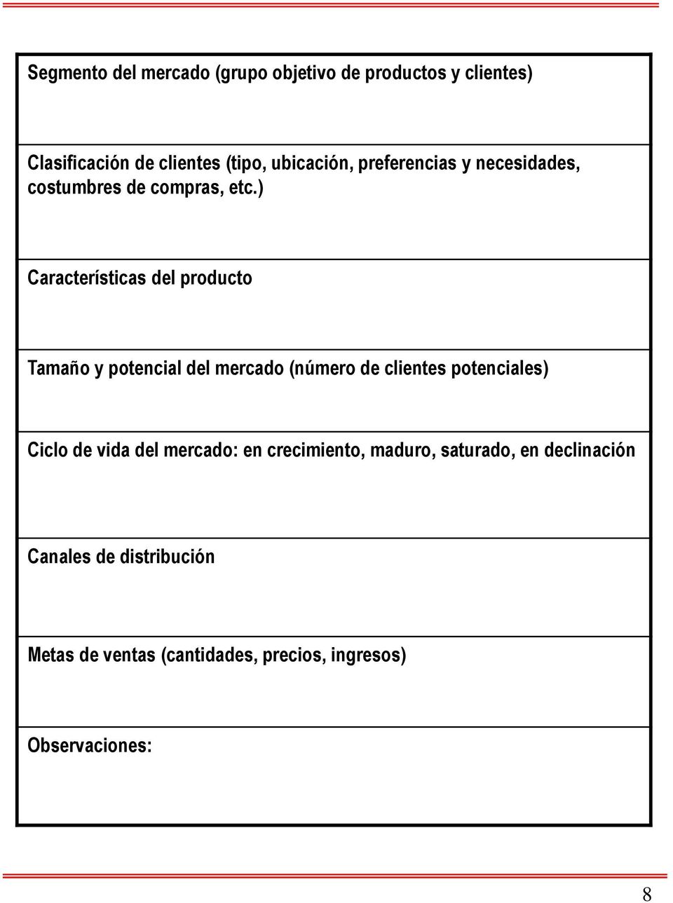 ) Características del producto Tamaño y potencial del mercado (número de clientes potenciales) Ciclo de