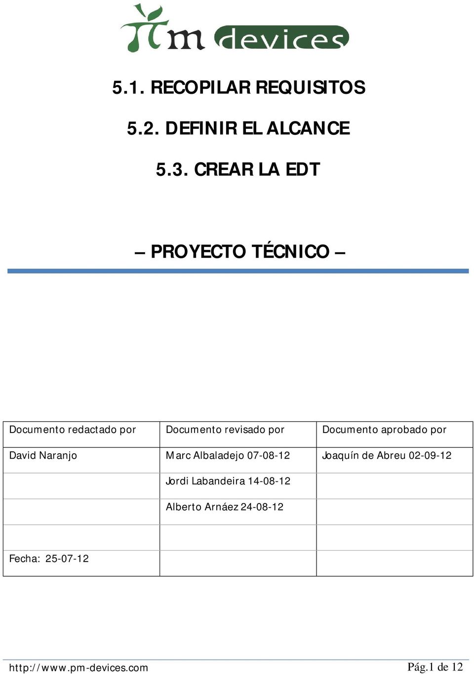 Documento aprobado por David Naranjo Marc Albaladejo 07-08-12 Joaquín de Abreu