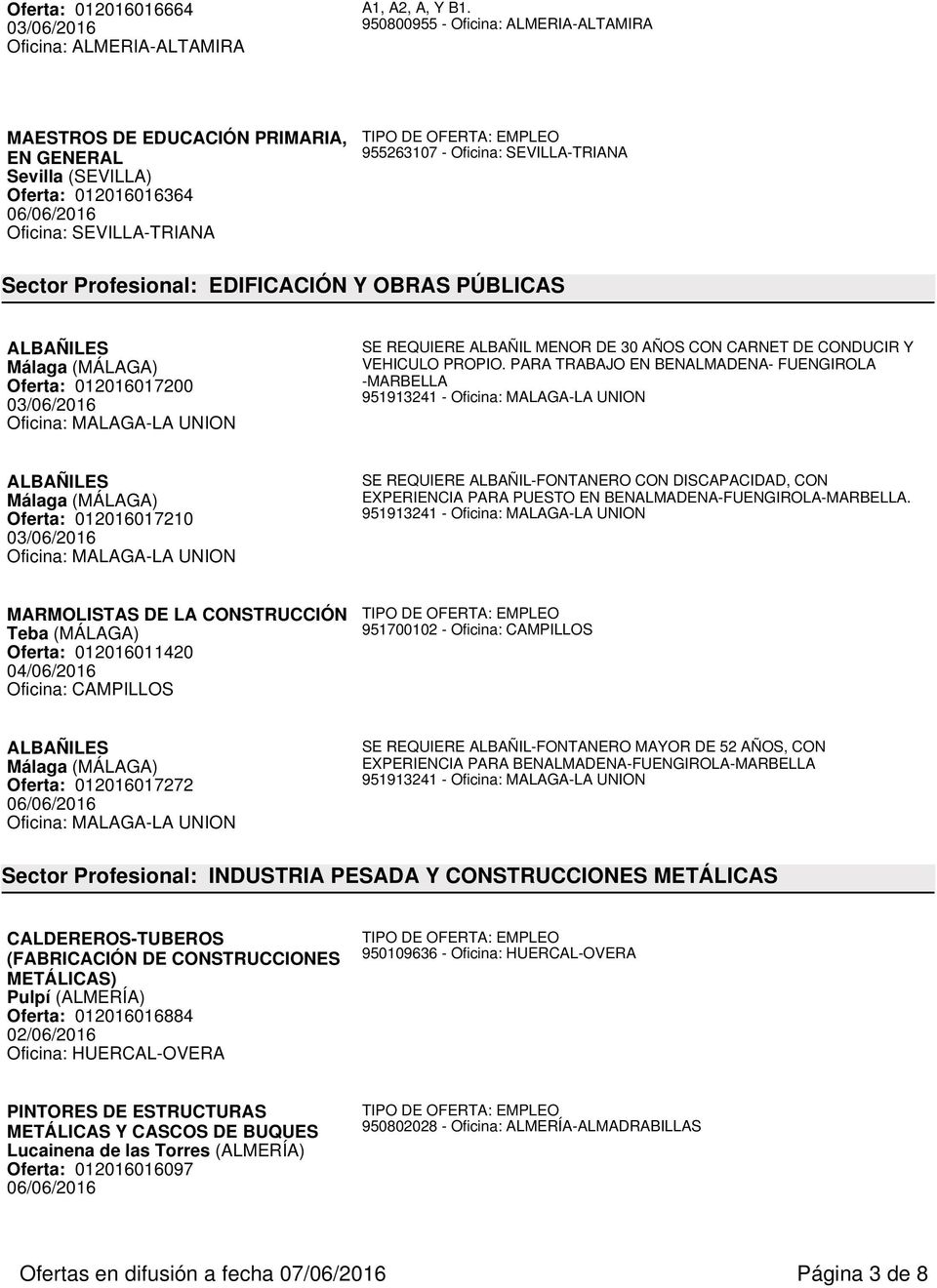 PÚBLICAS ALBAÑILES Málaga (MÁLAGA) Oferta: 012016017200 03/06/2016 Oficina: MALAGA-LA UNION SE REQUIERE ALBAÑIL MENOR DE 30 AÑOS CON CARNET DE CONDUCIR Y VEHICULO PROPIO.