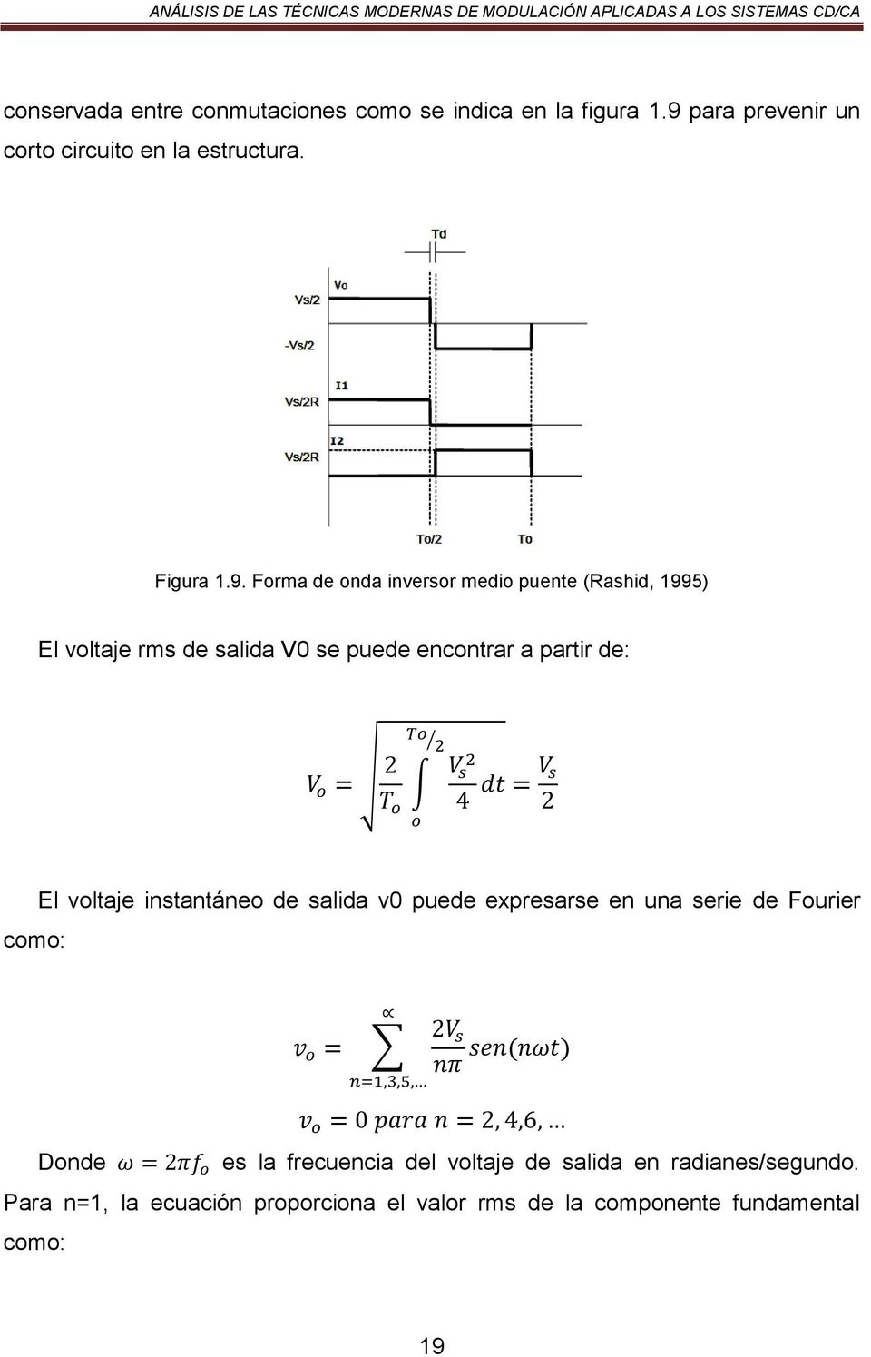 Forma de onda inversor medio puente (Rashid, 1995) El voltaje rms de salida V0 se puede encontrar a partir de: como:
