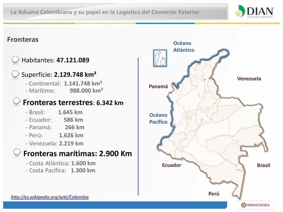 645 km - Ecuador: 586 km - Panamá: 266 km - Perú: 1.626 km - Venezuela: 2.219 km Fronteras marítimas: 2.