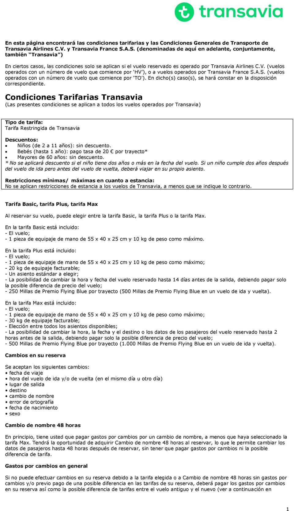Condiciones Tarifarias Transavia (Las presentes condiciones se aplican a los vuelos por Transavia) - PDF Free Download