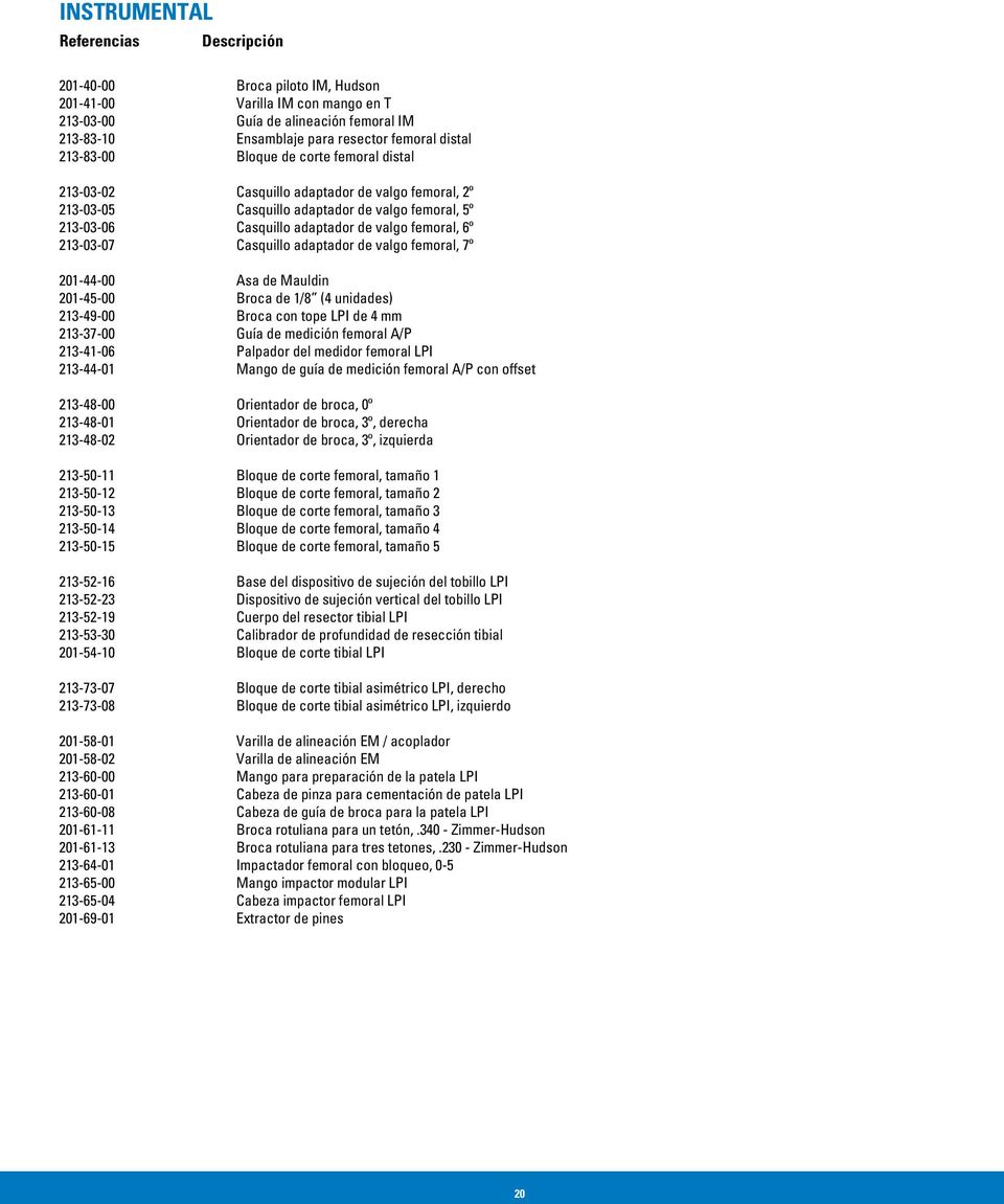 213-03-07 Casquillo adaptador de valgo femoral, 7º 201-44-00 Asa de Mauldin 201-45-00 Broca de 1/8 (4 unidades) 213-49-00 Broca con tope LPI de 4 mm 213-37-00 Guía de medición femoral A/P 213-41-06