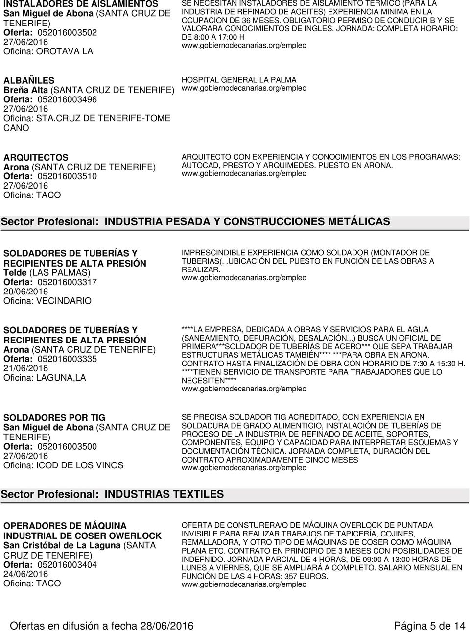 CRUZ DE TENERIFE-TOME CANO HOSPITAL LA PALMA ARQUITECTOS Arona (SANTA CRUZ DE Oferta: 052016003510 Oficina: TACO ARQUITECTO CON EXPERIENCIA Y CONOCIMIENTOS EN LOS PROGRAMAS: AUTOCAD, PRESTO Y