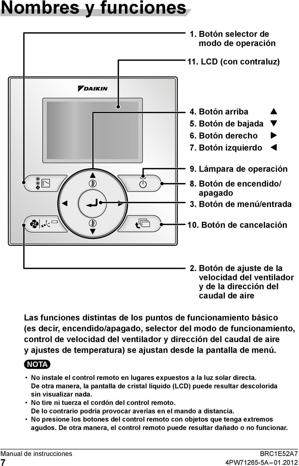 Botón de ajuste de la velocidad del ventilador y de la dirección del caudal de aire Las funciones distintas de los puntos de funcionamiento básico (es decir, encendido/apagado, selector del modo de