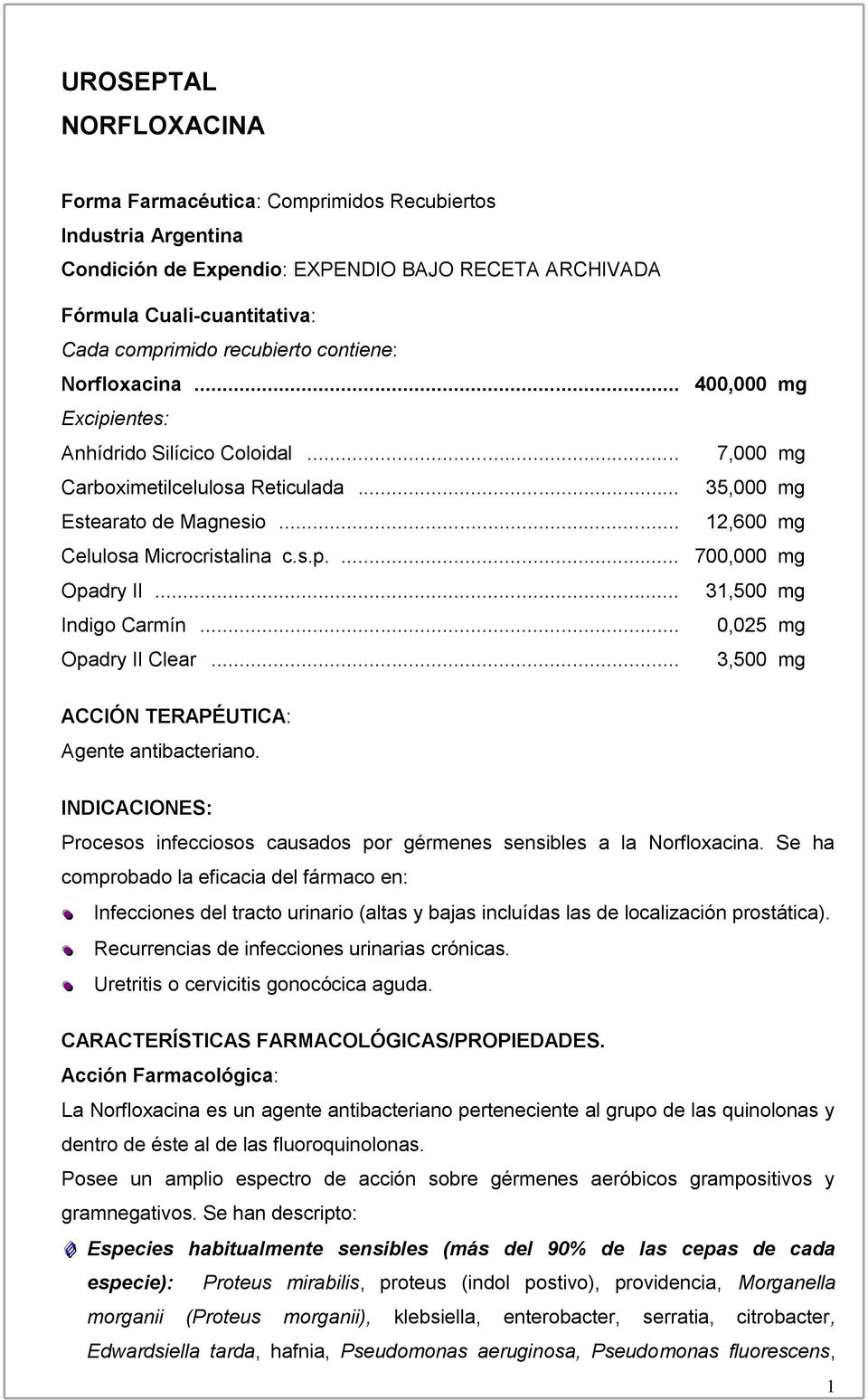 .. 31,500 mg Indigo Carmín... 0,025 mg Opadry II Clear... 3,500 mg ACCIÓN TERAPÉUTICA: Agente antibacteriano. INDICACIONES: Procesos infecciosos causados por gérmenes sensibles a la Norfloxacina.