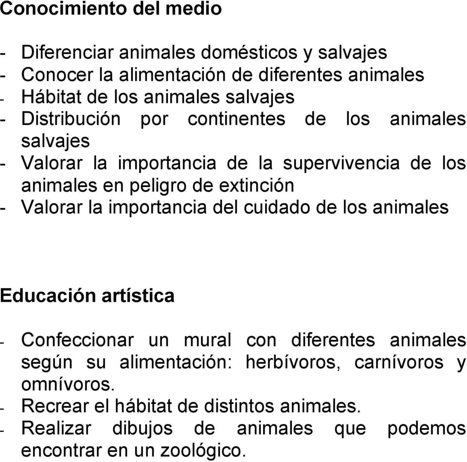 extinción - Valorar la importancia del cuidado de los animales Educación artística - Confeccionar un mural con diferentes animales según su