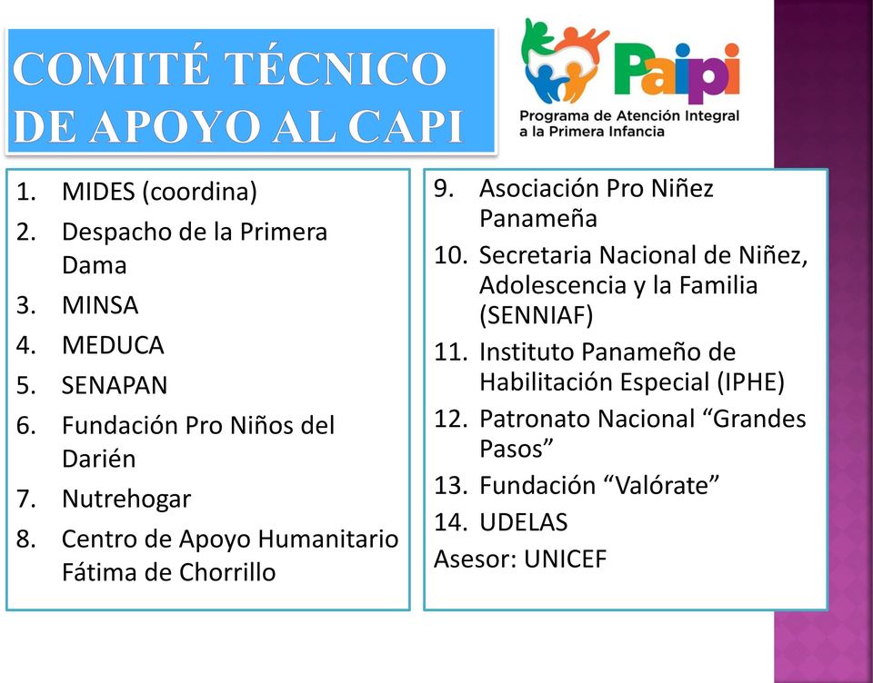 Asociación Pro Niñez Panameña 10. Secretaria Nacional de Niñez, Adolescencia y la Familia (SENNIAF) 11.