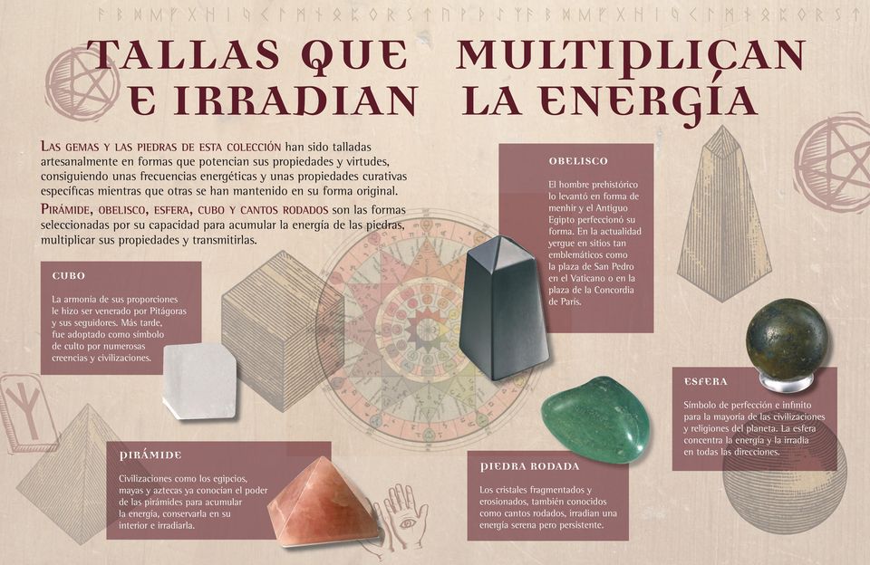 Pirámide, obelisco, esfera, cubo y cantos rodados son las formas seleccionadas por su capacidad para acumular la energía de las piedras, multiplicar sus propiedades y transmitirlas.