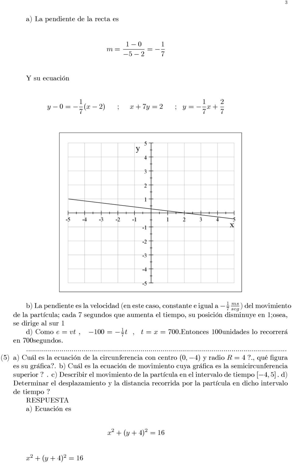 700segundos.... (5) a) Cuál es la ecuación de la circunferencia con centro (0; ) radio R =?:, qué gura es su grá ca?. b) Cuál es la ecuación de movimiento cua grá ca es la semicircunferencia superior?