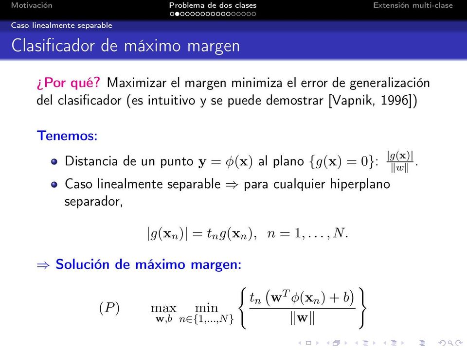 demostrar [Vapnik, 1996]) Tenemos: Distancia de un punto y = φ(x) al plano {g(x) = 0}: g(x) w.