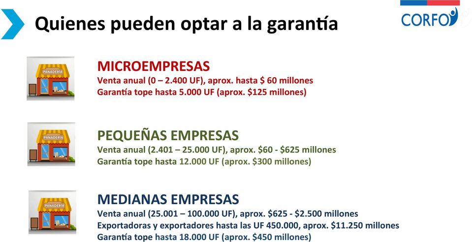 $60 - $625 millones Garan^a tope hasta 12.000 UF (aprox. $300 millones) MEDIANAS EMPRESAS Venta anual (25.001 100.