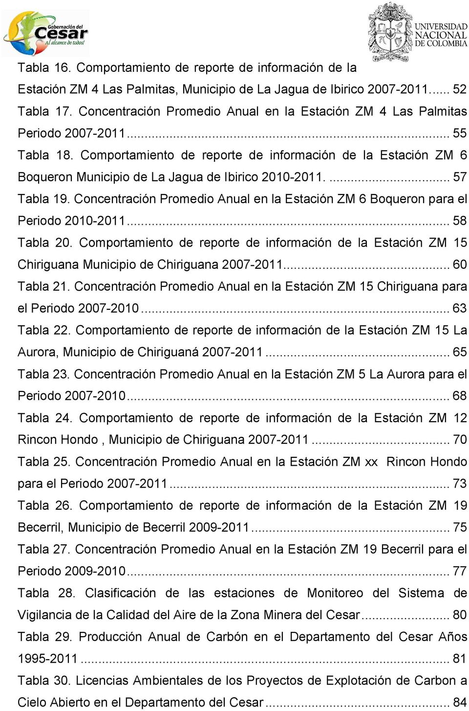 Comportamiento de reporte de información de la Estación ZM 6 Boqueron Municipio de La Jagua de Ibirico 2010-2011.... 57 Tabla 19.