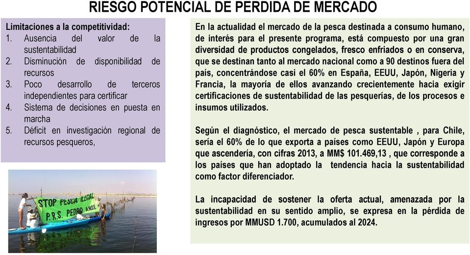 Déficit en investigación regional de recursos pesqueros, RIESGO POTENCIAL DE PERDIDA DE MERCADO En la actualidad el mercado de la pesca destinada a consumo humano, de interés para el presente