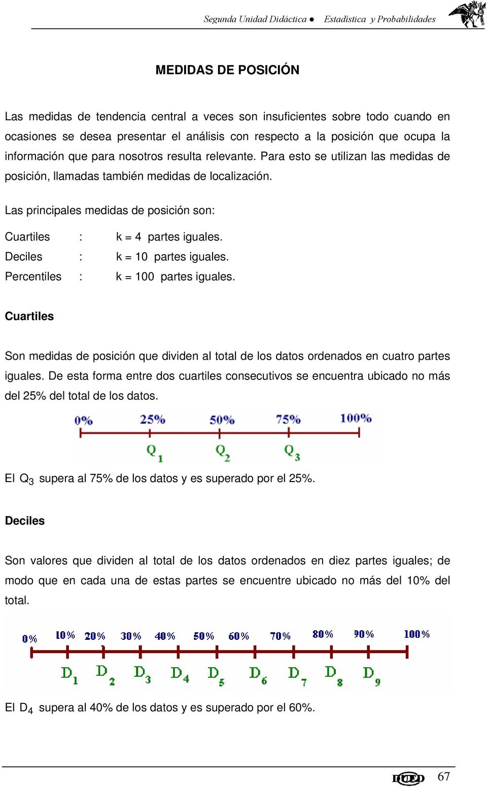 Las principales medidas de posición son: Cuartiles : k 4 partes iguales. Deciles : k 0 partes iguales. Percentiles : k 00 partes iguales.