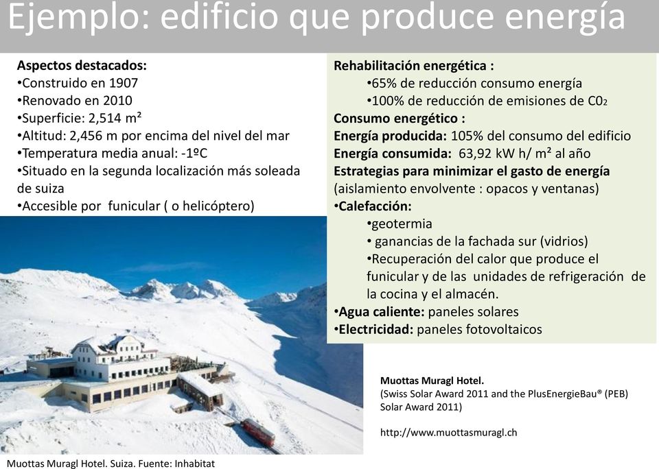 energético : Energía producida: 105% del consumo del edificio Energía consumida: 63,92 kw h/ m² al año Estrategias para minimizar el gasto de energía (aislamiento envolvente : opacos y ventanas)
