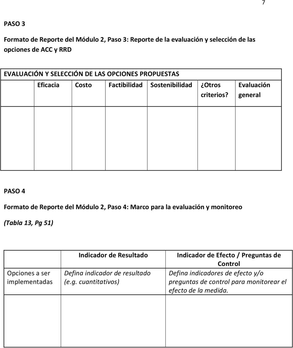 Evaluación general PASO 4 Formato de Reporte del Módulo 2, Paso 4: Marco para la evaluación y monitoreo (Tabla 13, Pg 51) Opciones a ser