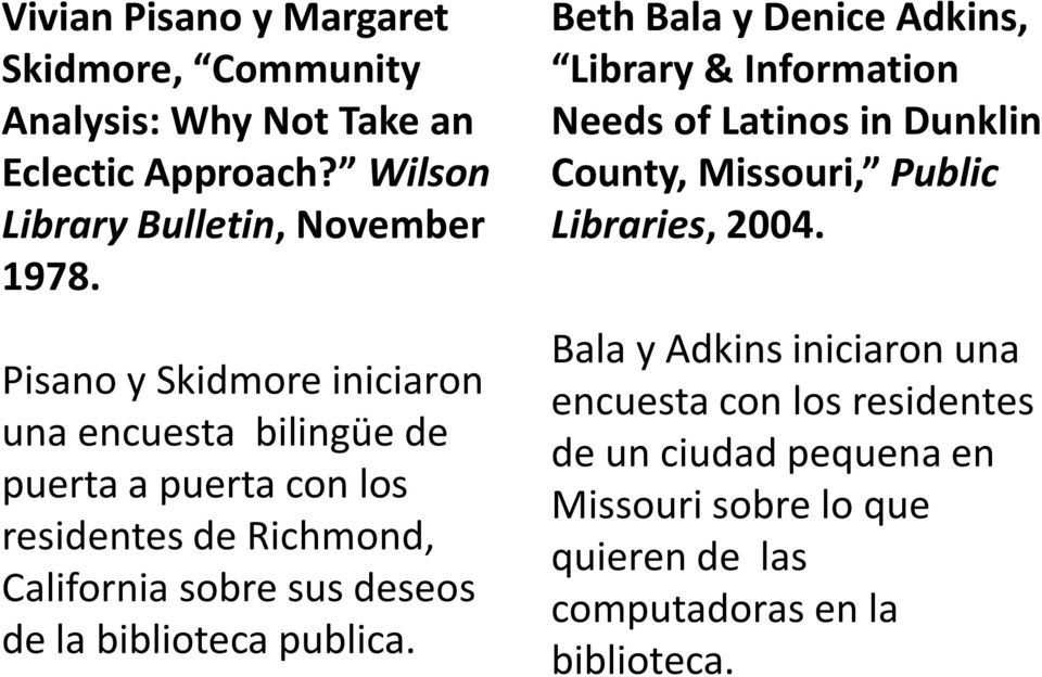 biblioteca publica. Beth Bala y Denice Adkins, Library & Information Needs of Latinos in Dunklin County, Missouri, Public Libraries, 2004.