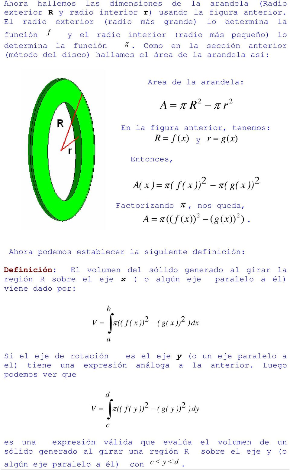 Como en la sección anterior (método del disco) hallamos el área de la arandela así: Area de la arandela: A = π R π r En la figura anterior, tenemos: Entonces, R = f () y r = g() A( ) = π( f ( )) π(