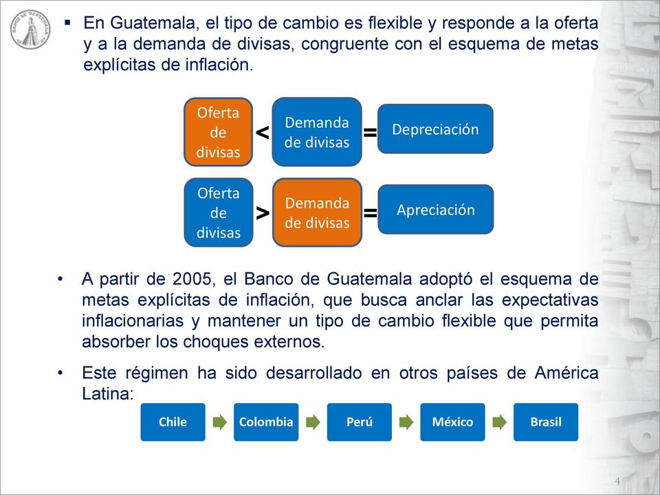 Oferta de divisas Oferta de divisas Demanda < = de divisas Demanda > = de divisas Depreciación Apreciación A partir de 2005, el Banco de Guatemala