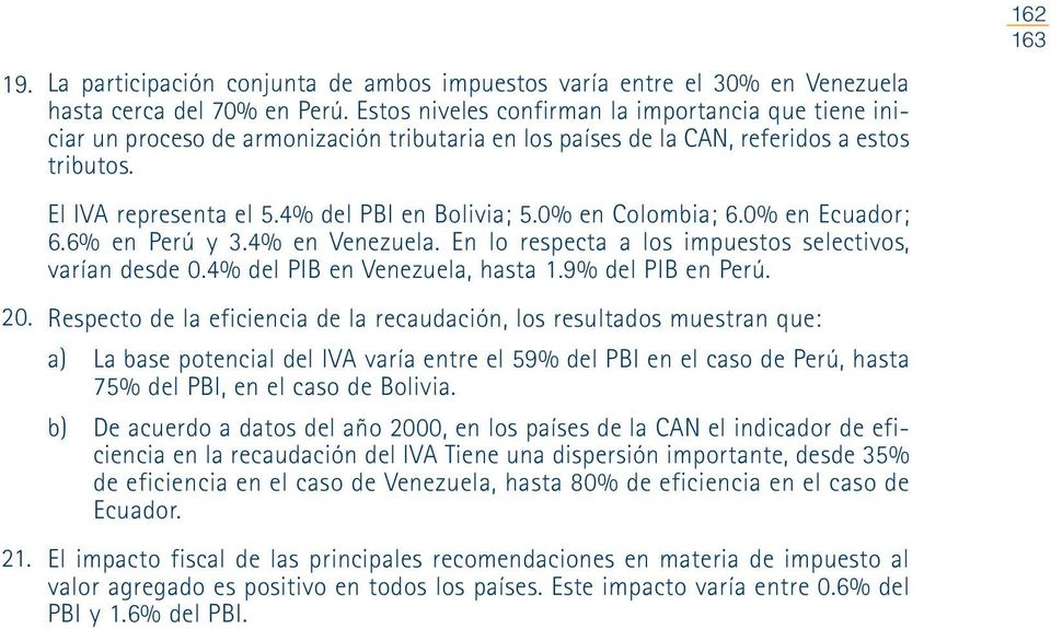 0% en Colombia; 6.0% en Ecuador; 6.6% en Perú y 3.4% en Venezuela. En lo respecta a los impuestos selectivos, varían desde 0.4% del PIB en Venezuela, hasta 1.9% del PIB en Perú. 20.