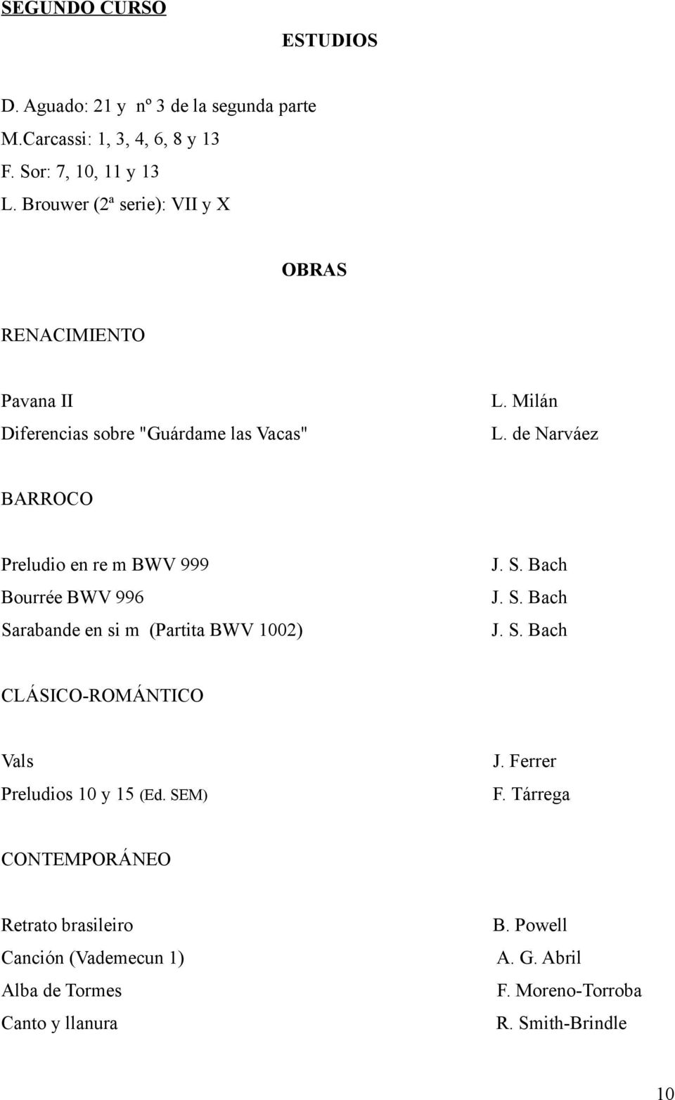 de Narváez BARROCO Preludio en re m BWV 999 Bourrée BWV 996 Sarabande en si m (Partita BWV 1002) J. S. Bach J. S. Bach J. S. Bach CLÁSICO-ROMÁNTICO Vals Preludios 10 y 15 (Ed.