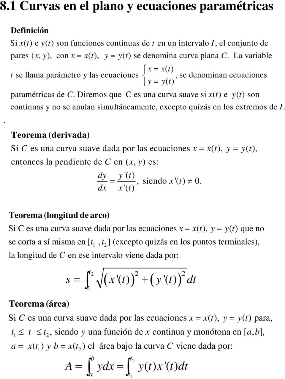 Teoem (deivd) Si C es un cuv suve dd po ls ecuciones = ( ), = ( ), enonces l pendiene de C en (, ) es: d '( ) =, siendo '( ) 0.