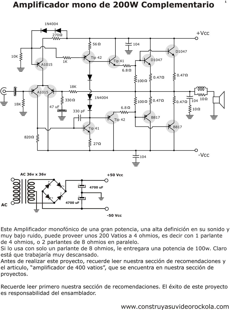 Faringe Consecutivo ignorancia Amplificador mono de 200W Complementario 1 - PDF Descargar libre