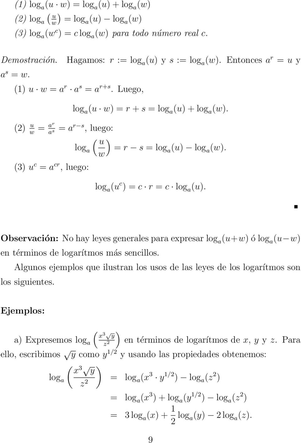 log a (u c ) = c r = c log a (u). Observación: No hay leyes generales para expresar log a (u+w) ó log a (u w) en términos de logarítmos más sencillos.