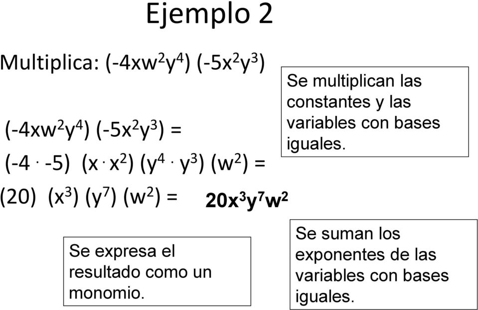 y 3 ) (w 2 ) = (20) (x 3 ) (y 7 ) (w 2 ) = 20x 3 y 7 w 2 Se multiplican las