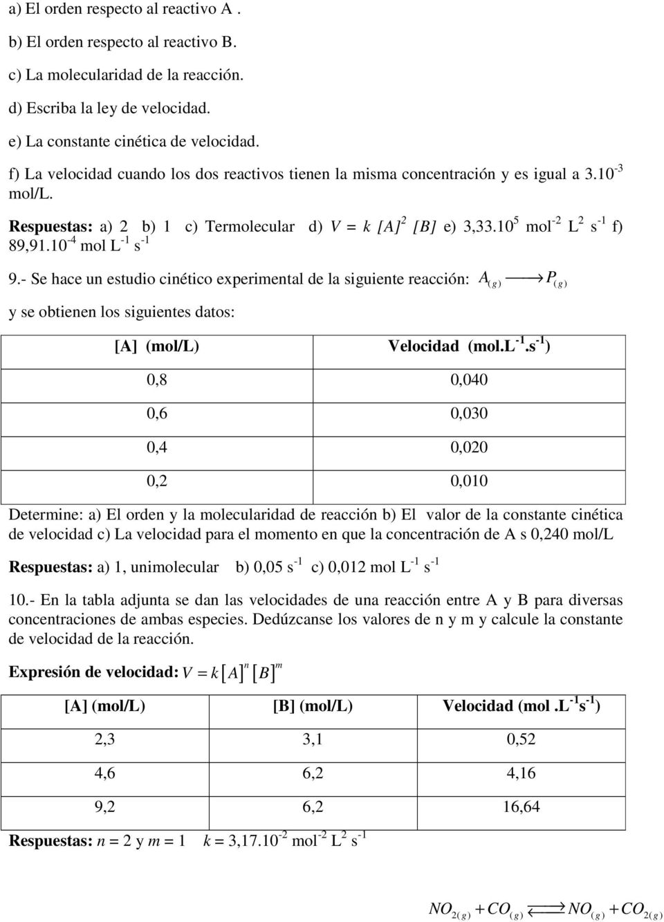 10-4 mol L -1 s -1 9.- Se hace un estudio cinético experimental de la siguiente reacción: A P ( g) ( g) y se obtienen los siguientes datos: [A] (mol/l) Velocidad (mol.l -1.