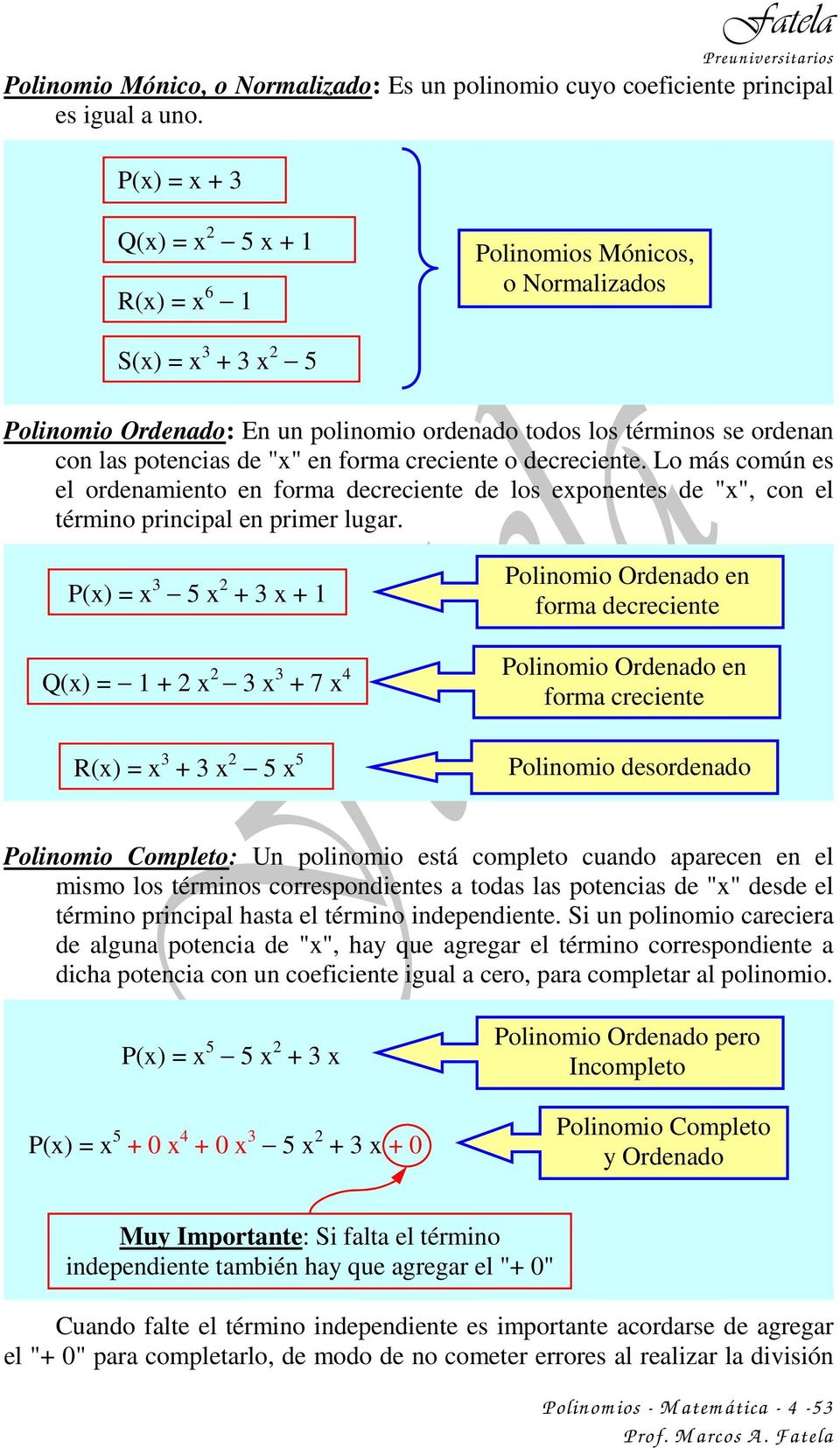 Matematica Ingreso Guia N 7 Polinomios 14 Definiciones Y