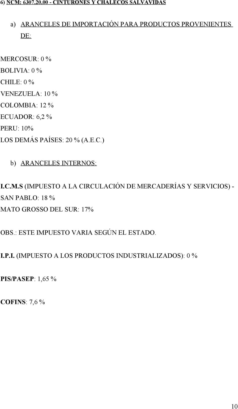 CHILE: 0 % VENEZUELA: 10 % COLOMB