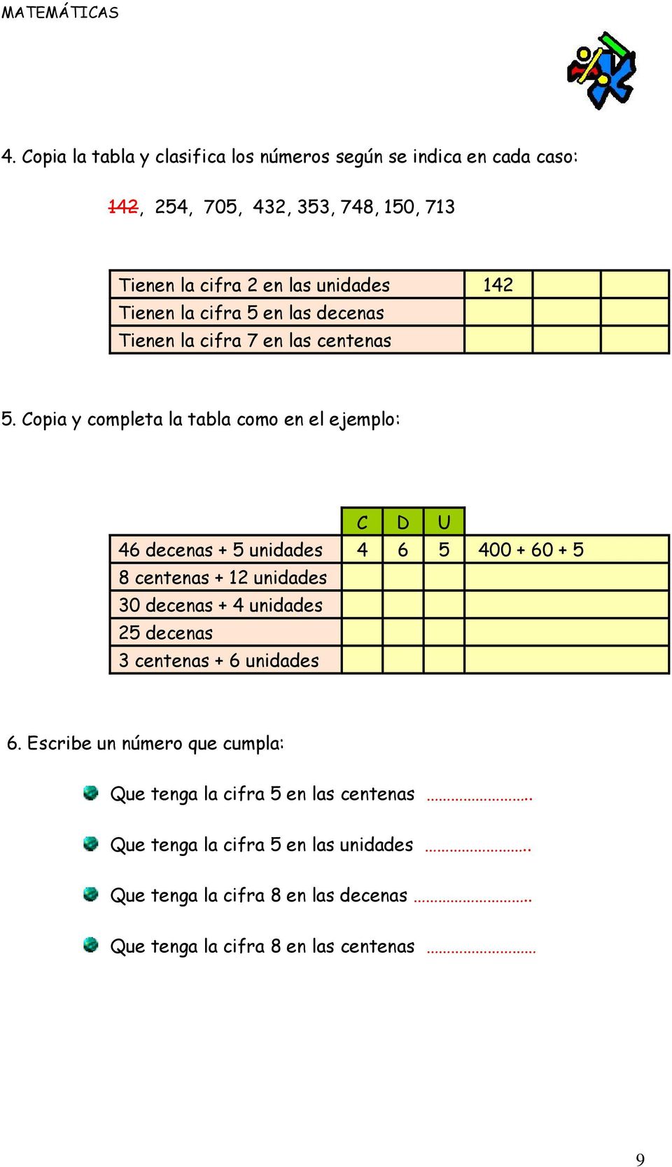 Copia y completa la tabla como en el ejemplo: C D U 46 decenas + 5 unidades 4 6 5 400 + 60 + 5 8 centenas + 12 unidades 30 decenas + 4 unidades 25