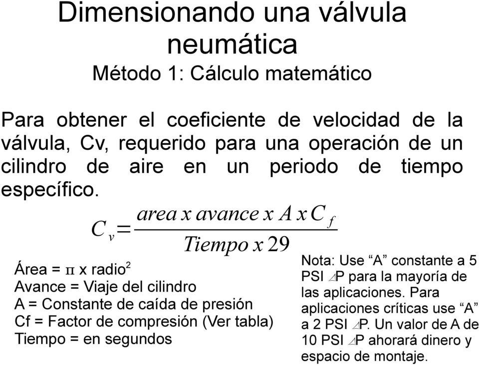 C v = area x avance x A x C f Tiempo x 29 Área = π x radio 2 Avance = Viaje del cilindro A = Constante de caída de presión Cf = Factor de