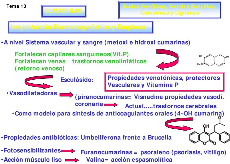 p) Fortalecen venas trastornos venolinfáticos (retorno venoso) Esculósido: Propiedades venotónicas, protectores Vasculares y Vitamina i P Vasodilatadoras