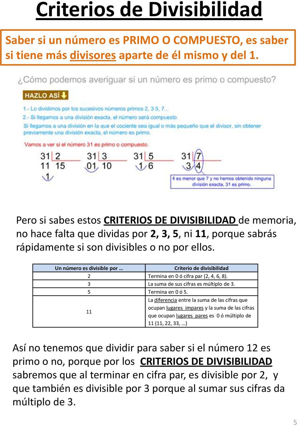 Un número es divisible por Criterio de divisibilidad 2 Termina en 0 ó cifra par (2, 4, 6, 8). 3 La suma de sus cifras es múltiplo de 3. 5 Termina en 0 ó 5.