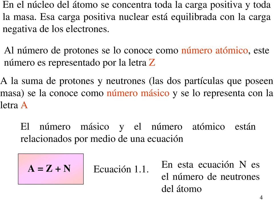 Al número de protones se lo conoce como número atómico, este número es representado por la letra Z A la suma de protones y neutrones (las