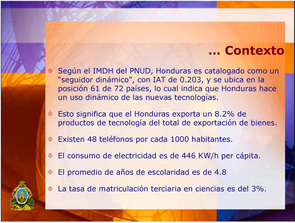 Esto significa que el Honduras exporta un 8.2% de productos de tecnología del total de exportación de bienes.