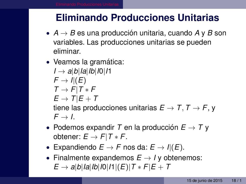 Veamos la gramática: I a b Ia Ib I0 I1 F I (E) T F T F E T E + T tiene las producciones unitarias E T, T F, y F I.